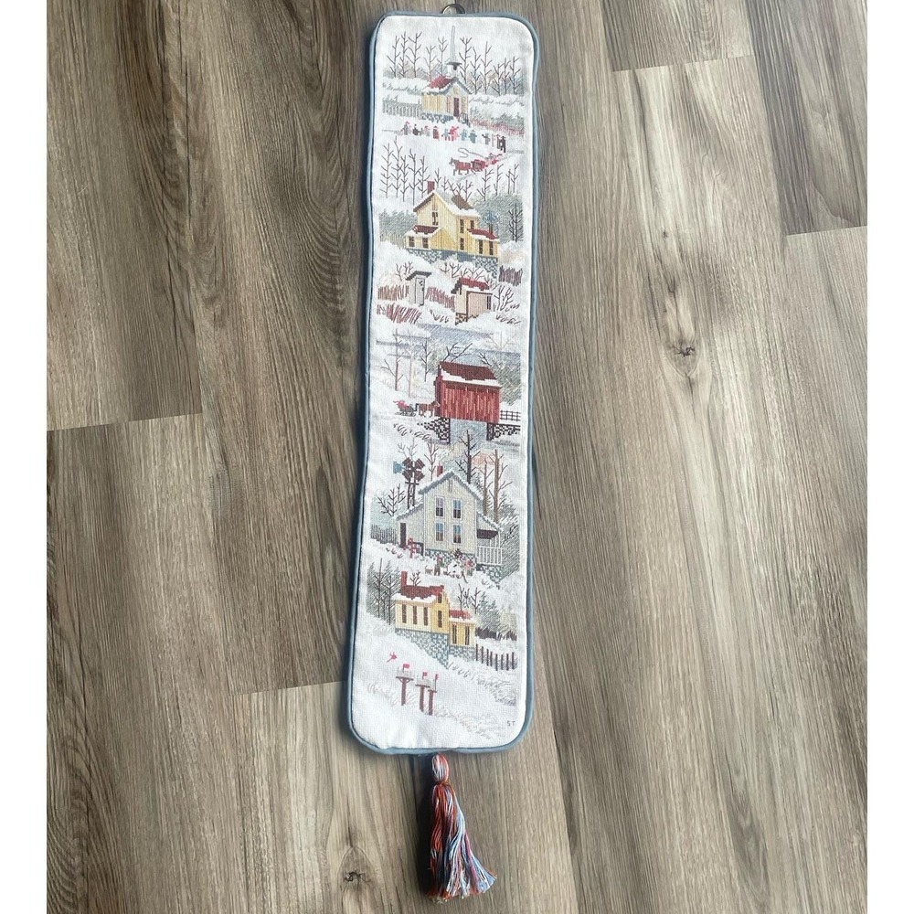 Vintage Needlepoint Hanging Winter Christmas Village Long‎ Wall Decor Tassle